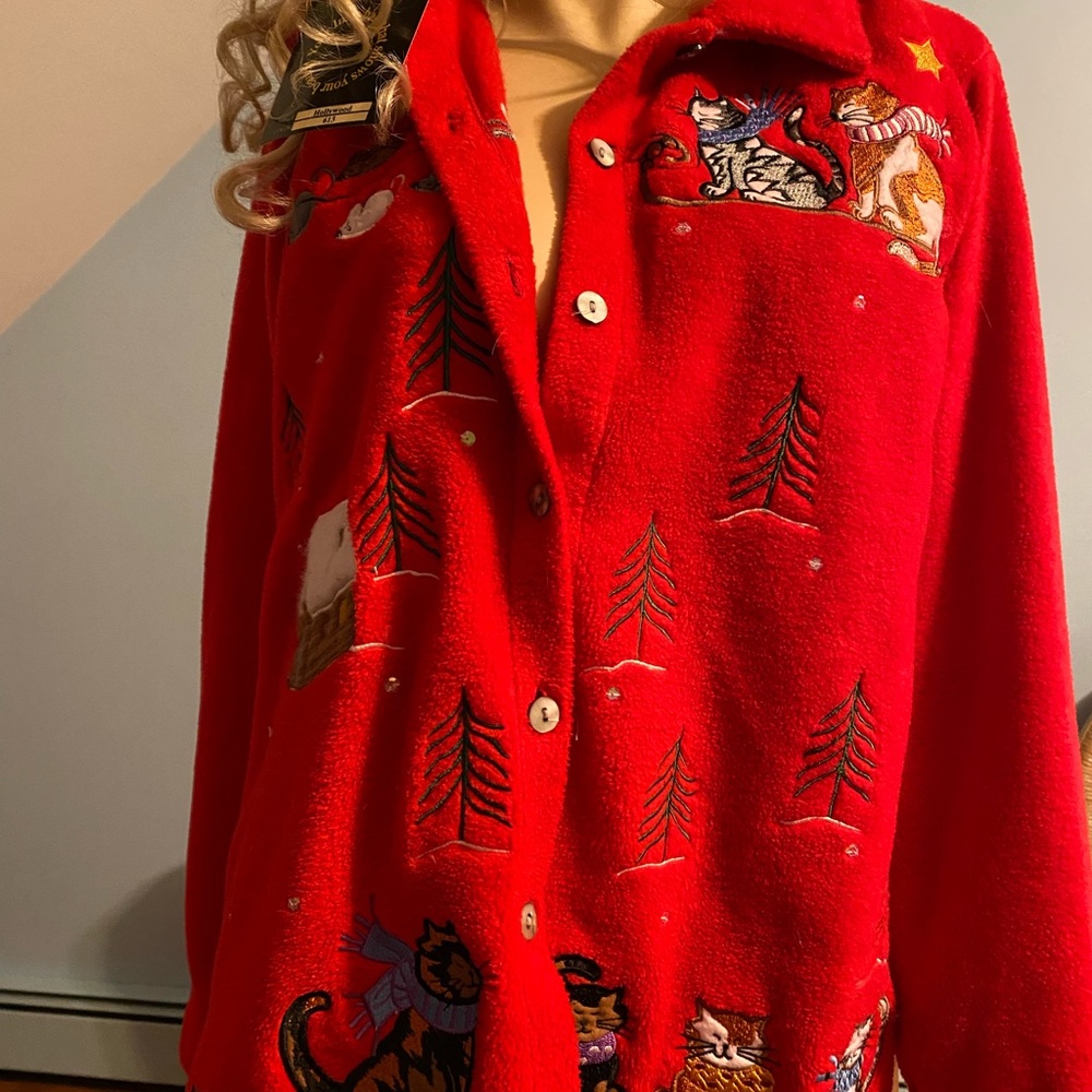 Quacker Factory Jacket Red Fleece Winter Cats, Mi… - image 8